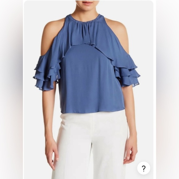 ALICE & OLIVIA Blue Idalla Silk Ruffled cold shoulder Blouse size M - Picture 1 of 15